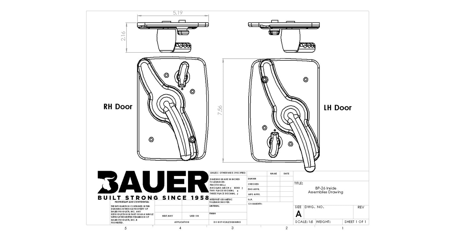 Technical drawing of door hardware with 'Bauer' branding on a white background
